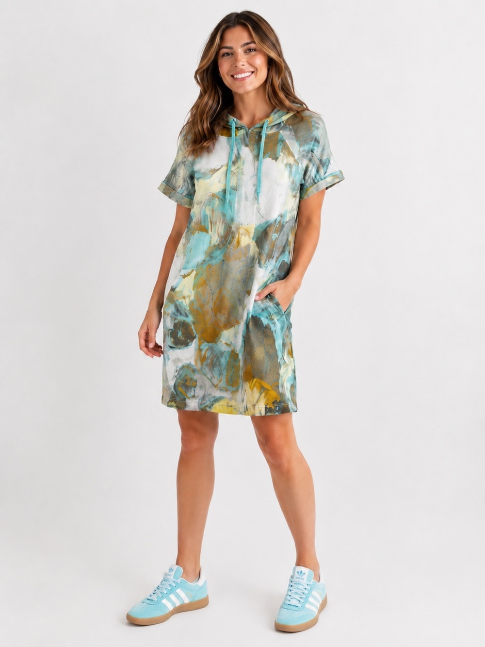 Claire Desjardins Abstract Hooded Sweatshirt Dress Short Sleeve Size Large